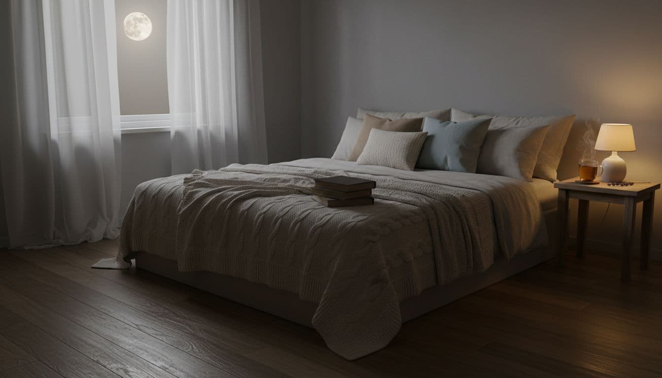 Cancer Treatment Sleep Plan for Cancer Patients Battling Insomnia and Fatigue When Your Body Won't Shut Off 1 A serene bedroom at night with soft moonlight filtering through curtains, a comfortable bed with cozy blankets and pillows, and a cup of herbal tea on the nightstand under warm lamp light, evoking peace and relaxation.