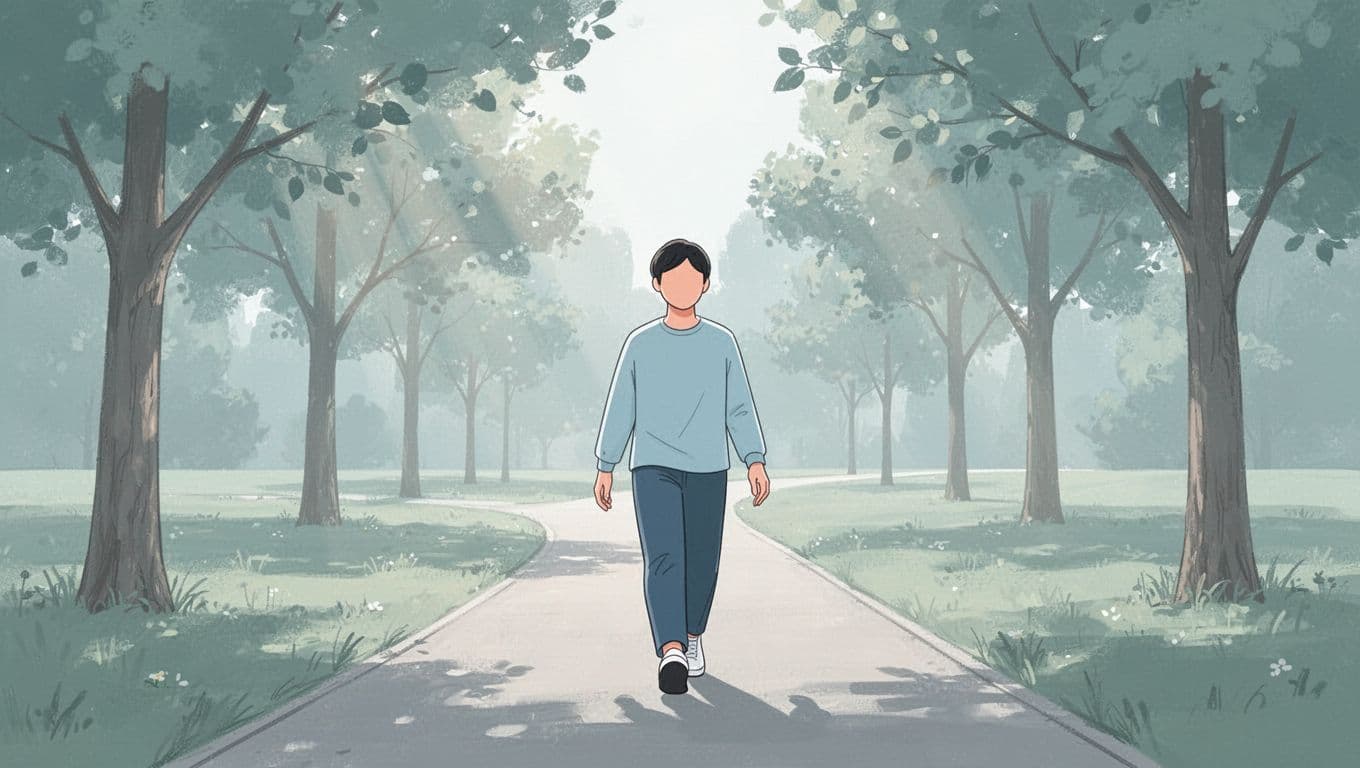 Minimalist flat vector illustration in soft teal, light blue, and warm gray tones depicts one person walking slowly on a peaceful park path with trees and sunlight filtering through leaves, evoking a serene and hopeful mood.