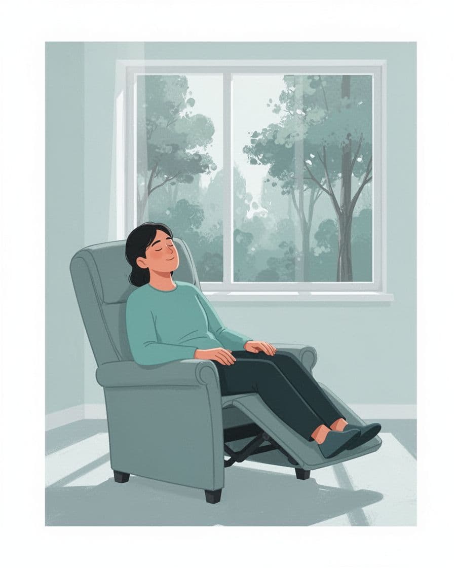 Minimalist flat vector illustration in soft calming colors of teal, light blue, and warm gray, featuring one person relaxed in a reclining chair in a quiet sunlit room with a window view of trees, eyes closed, hands on lap, serene mood.