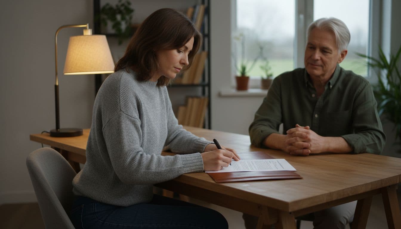 An individual in comfortable attire signs a legal document at a simple desk in a quiet home office, with a supportive friend or advisor observing nearby. Soft desk lamp lighting creates a warm, contemplative mood in this realistic photo.