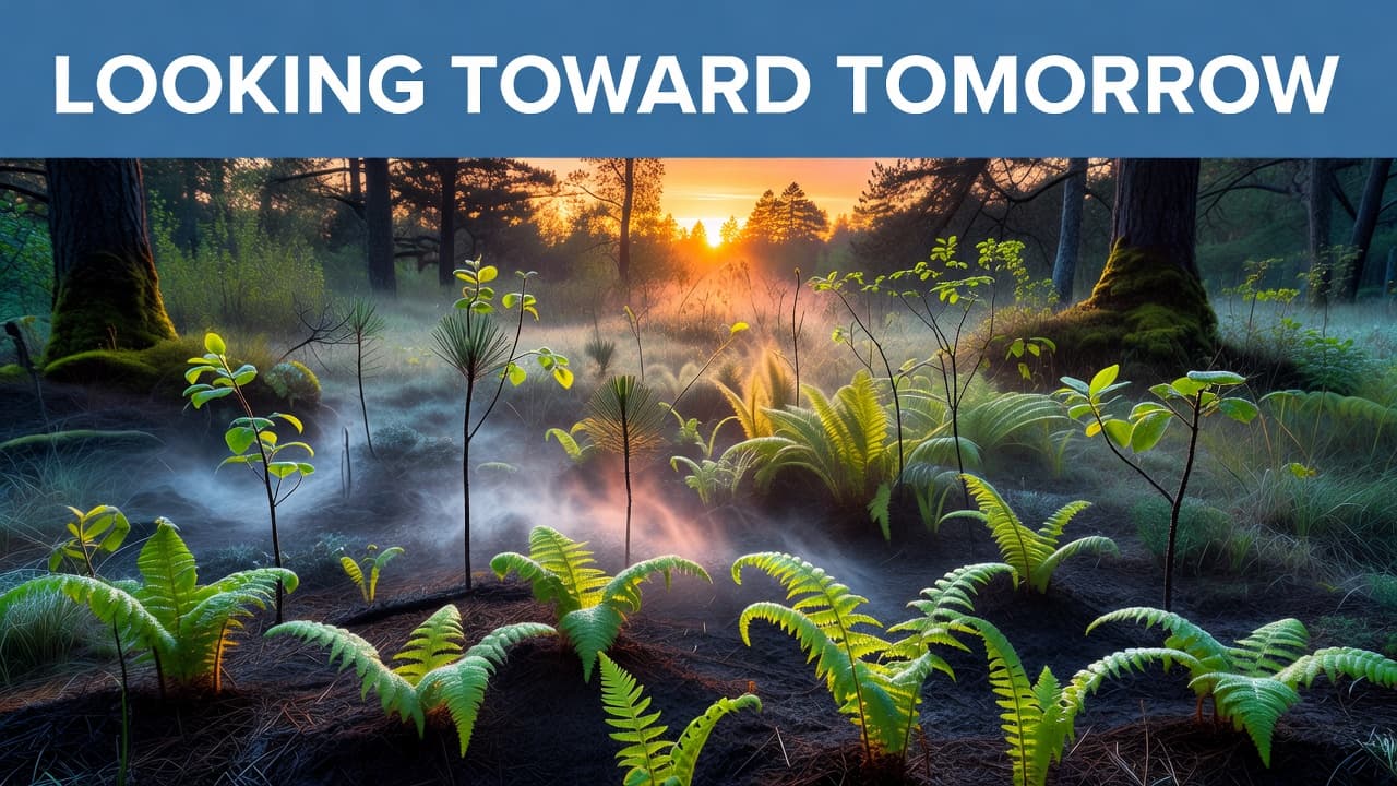A vibrant sunrise illuminates a delicate green sprout emerging from rich dark soil. In the upper portion, a cool blue banner displays white text, framing the scene with hope and renewal.