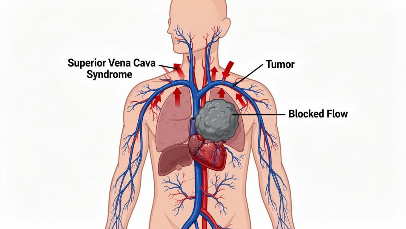 Clean flat vector infographic of upper body anatomy showing a cancer tumor compressing the superior vena cava, with blocked blood flow indicated by red arrows and visible collateral veins on the chest.