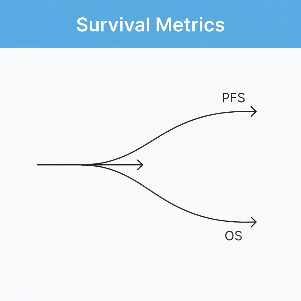 A minimalist chart features a blue banner labeled Survival Metrics above a graphic. A single line splits into two distinct paths labeled PFS and OS against a clean, light background.