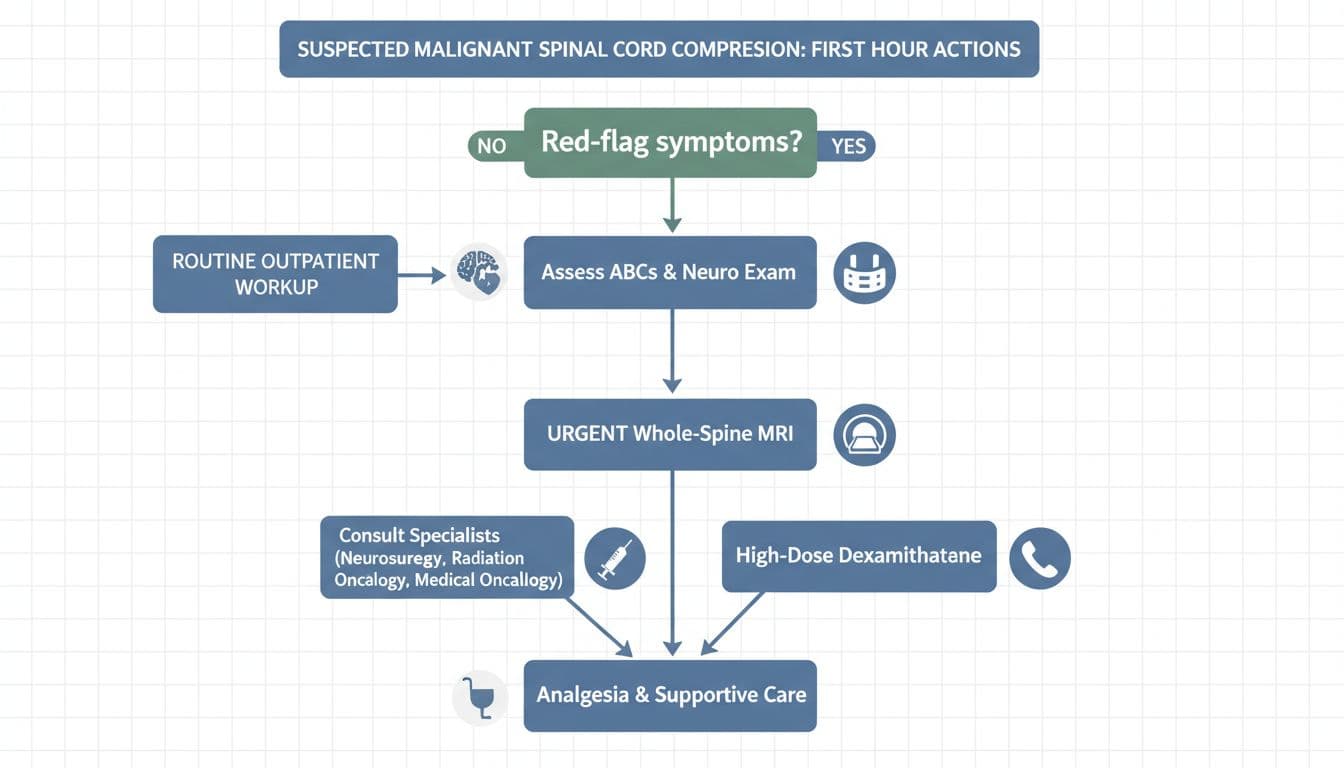 Metastatic Spinal Cord Compression: The Back Pain Pattern You Can’t Ignore and What to Do in the First Hour 2 A minimalist, high-contrast clinical flowchart depicting the top-to-bottom decision tree for first-hour management of suspected malignant spinal cord compression, starting with red-flag symptoms and branching to ABC assessment, spine immobilization, urgent MRI, high-dose dexamethasone, specialist consultation, and supportive care.