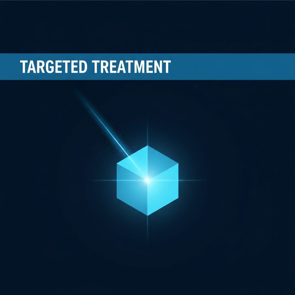 Precise light beam targets glowing geometric shape against deep blue background with 'TARGETED TREATMENT' headline band at top.