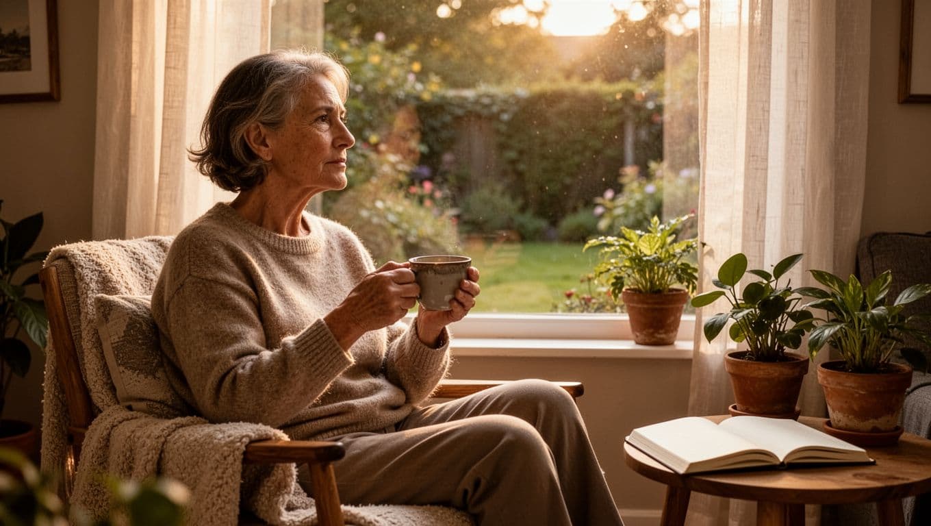 Immunotherapy Hypophysitis Symptoms and the Hormone Tests to Ask For 1 A middle-aged adult in comfortable clothes sits on a cozy chair by a softly lit window in a living room, holding a cup of tea and gazing thoughtfully at a peaceful garden, conveying quiet strength and subtle hope. Photorealistic style with warm earth tones, natural lighting, and serene inspirational mood.