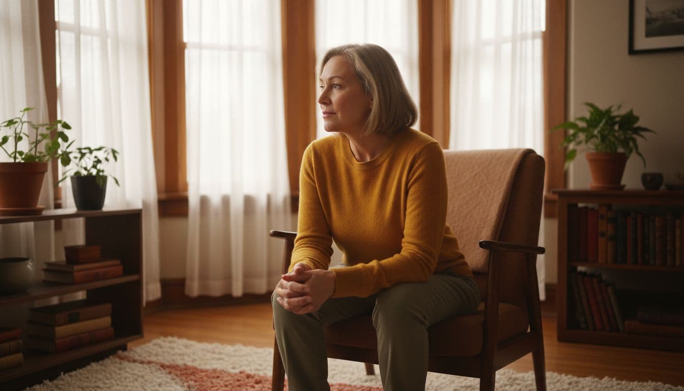 Middle-aged person sits calmly by home window, hands in lap, soft natural light.