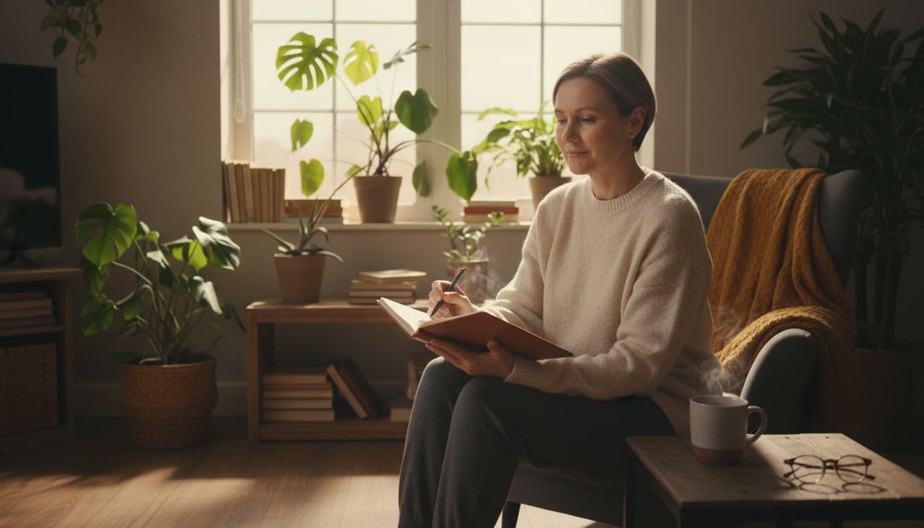 Middle-aged person sits holding journal with tea nearby in sunlit living room with plants and books.