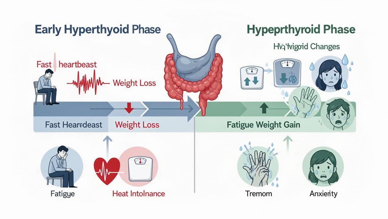Clinically accurate flat vector medical infographic on white background with muted blues and greens, featuring a thyroid gland icon and biphasic timeline: early hyperthyroid phase with fast heartbeat and weight loss, followed by hypothyroid phase with fatigue and weight gain, plus clustered symptom icons.