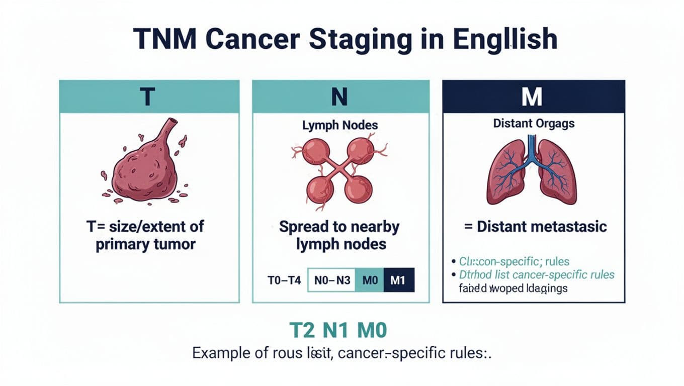 Clean, medically accurate educational infographic explaining the TNM cancer staging system in plain English with columns for T (primary tumor), N (lymph nodes), and M (distant metastasis), including icons, definitions, ranges, and a simple example.