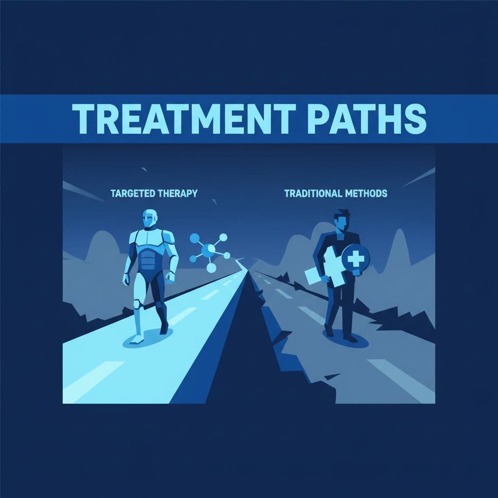 Road splits into two paths on deep blue background with top 'TREATMENT PATHS' banner.