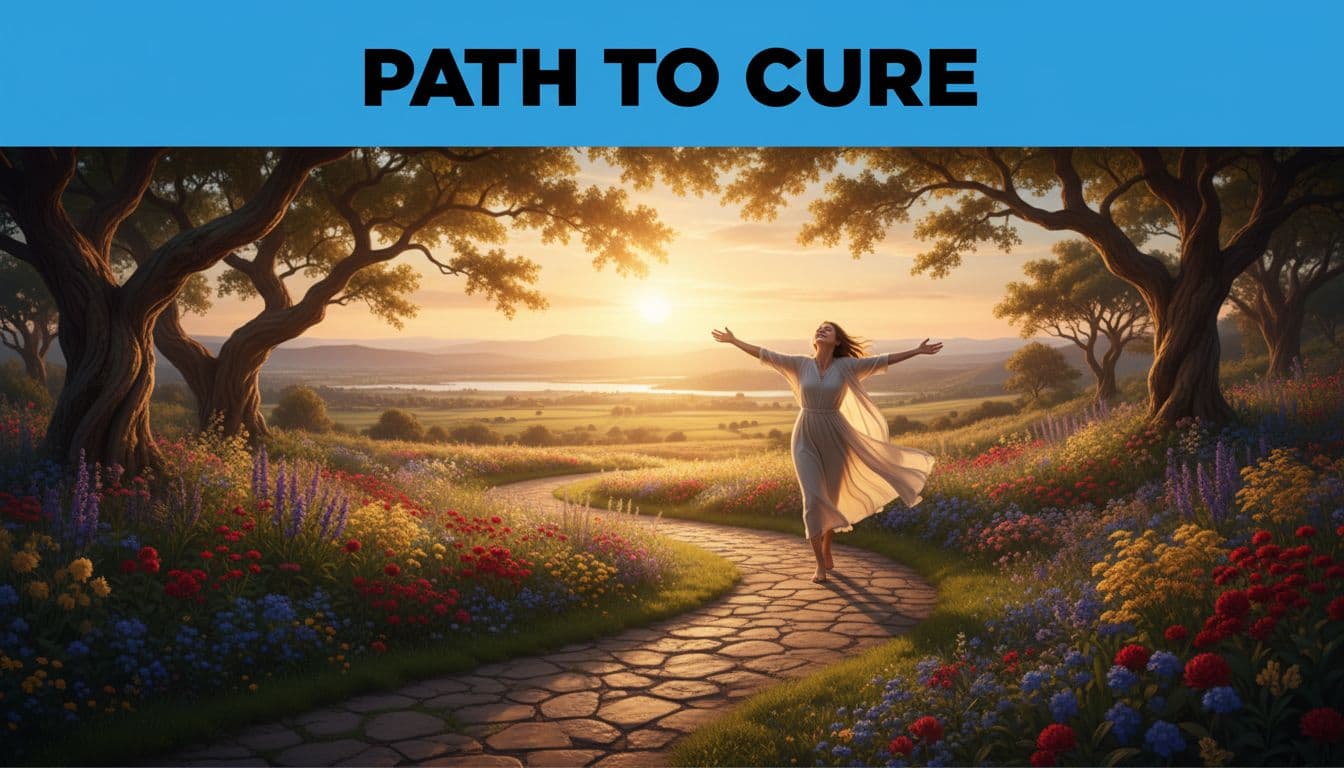 Joyful survivor with arms raised walks vibrant garden path at golden hour beneath blue 'Path to Cure' band.