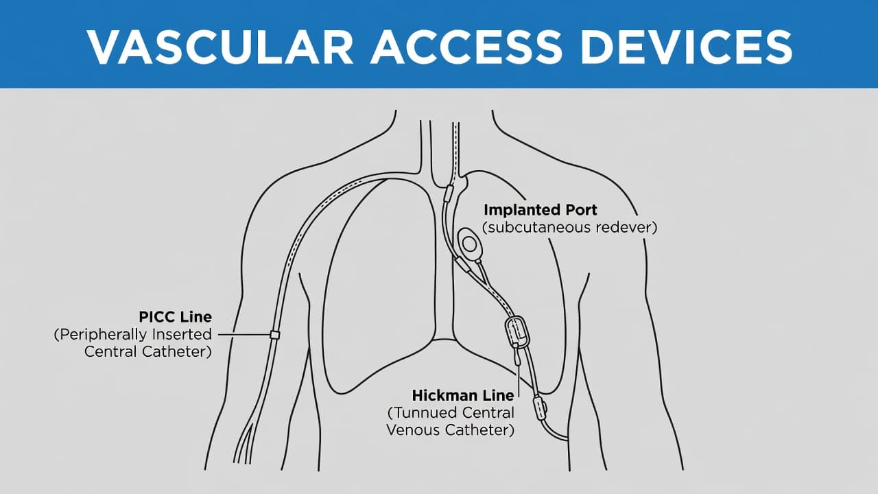 A medical silhouette of a human chest displays three highlighted vascular access devices including an implanted port, a PICC line in the arm, and a Hickman catheter located on the chest.