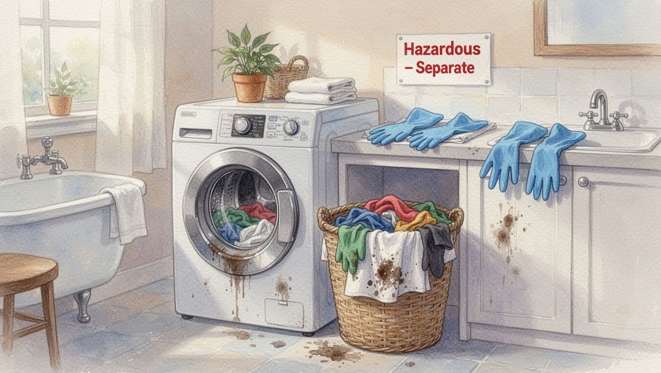 Oral chemotherapy at home, safe handling, storage, and what to do after a spill 5 Soft watercolor landscape of a family laundry area with washer, separate hazardous hamper, gloves, and warning sign in a serene bathroom background, emphasizing care and protective measures.