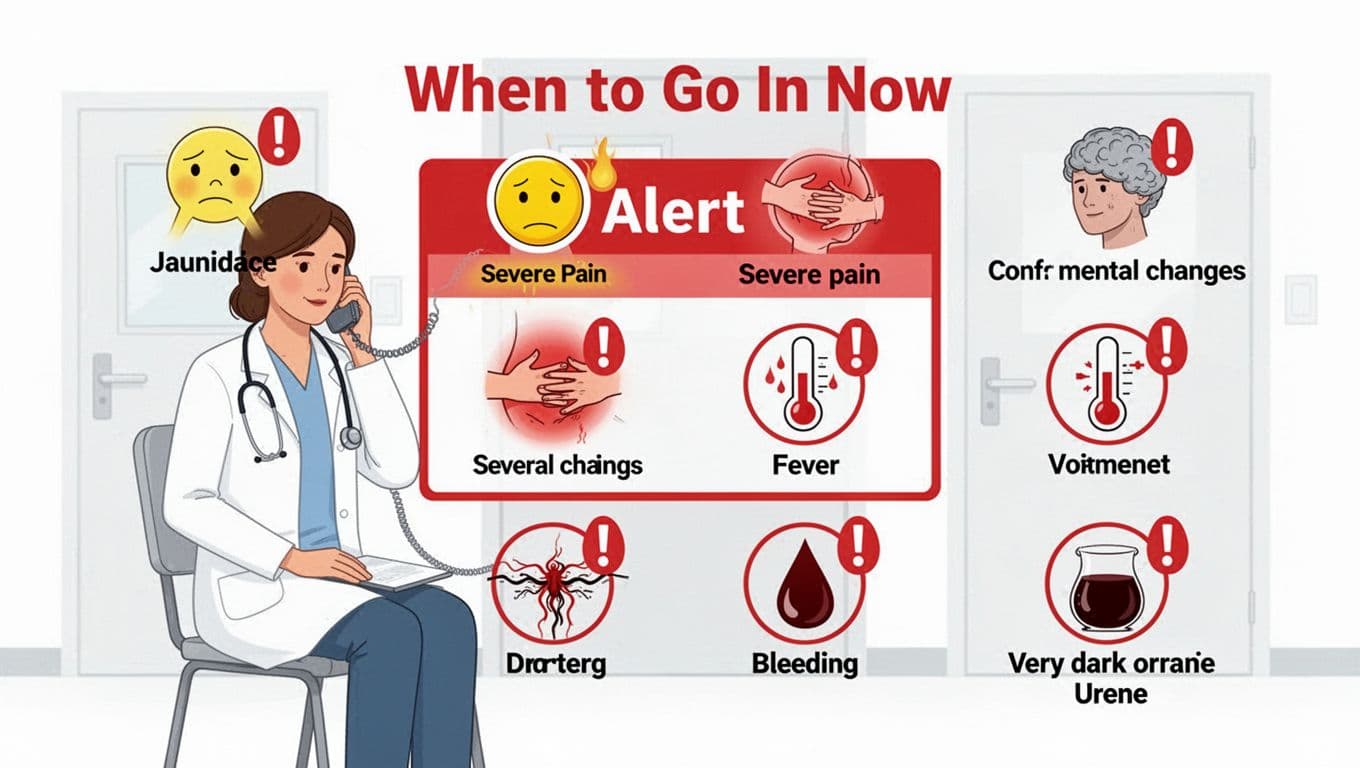 Patient-education infographic in flat vector style featuring icons for jaundice, severe abdominal pain, mental changes, fever, vomiting, bleeding, and dark urine, each with a red exclamation mark, alongside a calm patient calling a doctor.