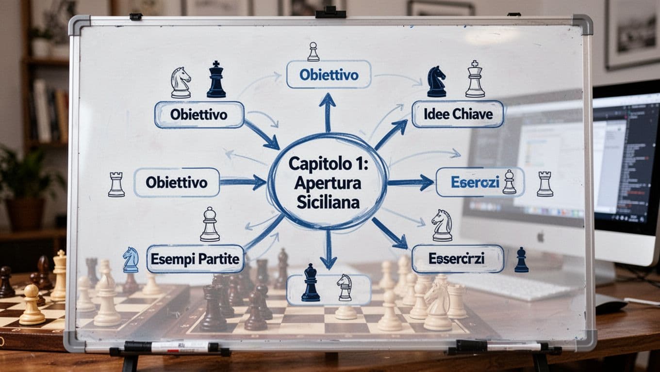 Mind map on a whiteboard visualizing the structure of a chess book chapter on the Sicilian Opening, with central node and branches for objectives, key ideas, game examples, and exercises, using simple pawn icons and arrows.