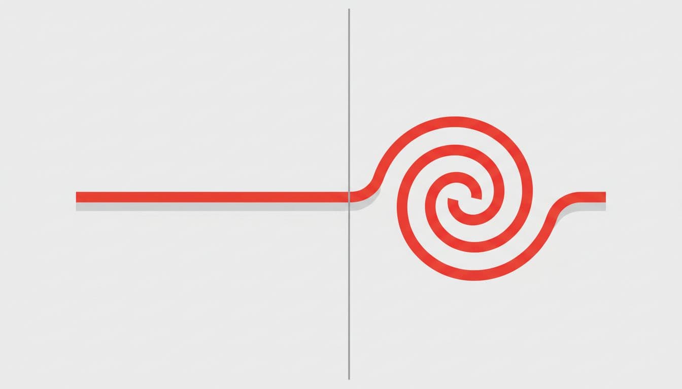 A split-screen illustration contrasting a straight line on the left with a spiraling path on the right.