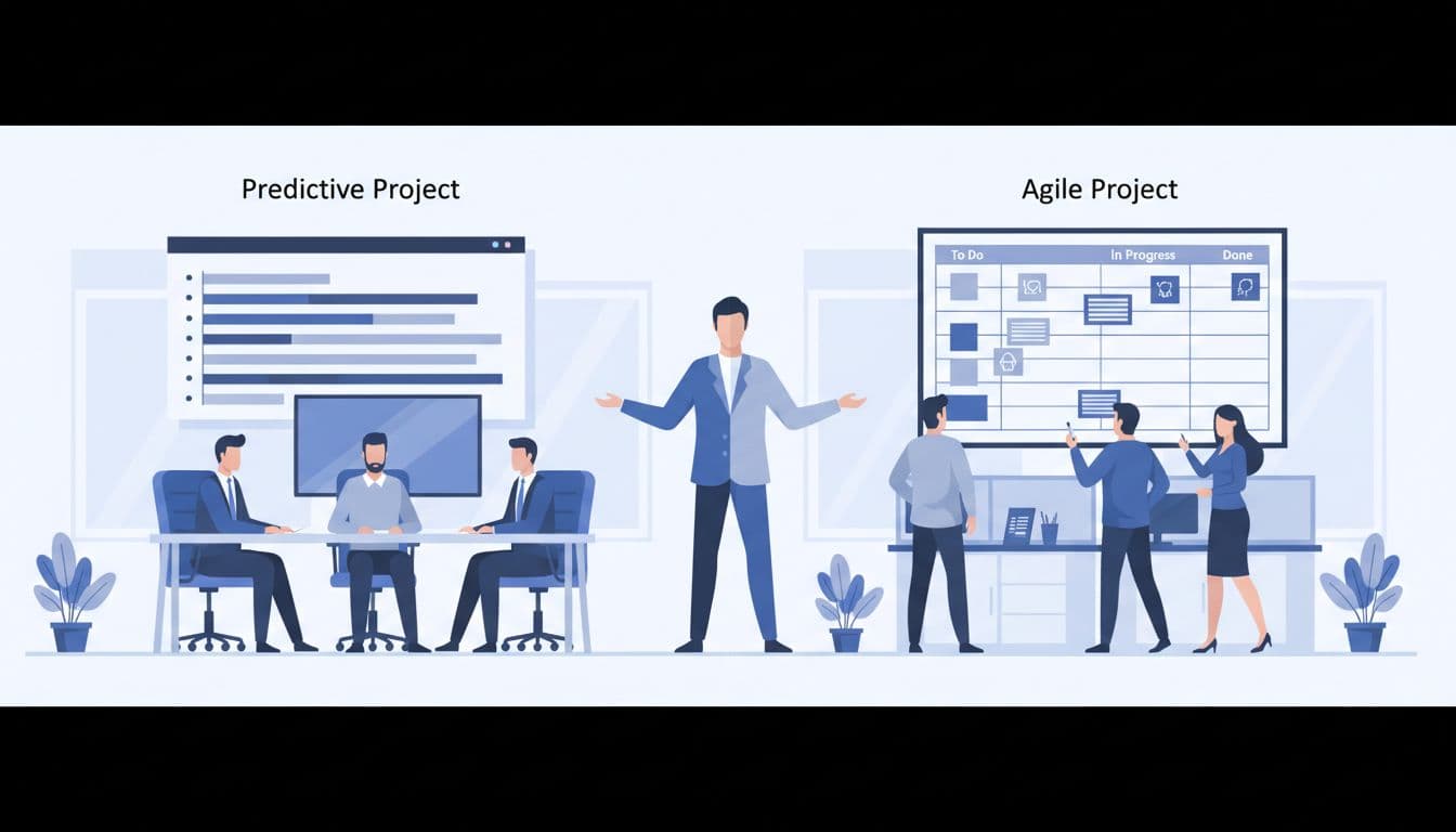 Split illustration shows predictive Gantt chart and formal meeting on left, agile Kanban board and standup on right, with central project manager.