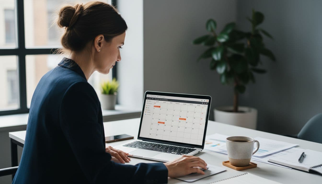 A busy project manager at a modern office desk reviews a digital calendar on a laptop displaying PDU deadlines, with a coffee mug nearby, in natural daylight, realistic style, one person only.
