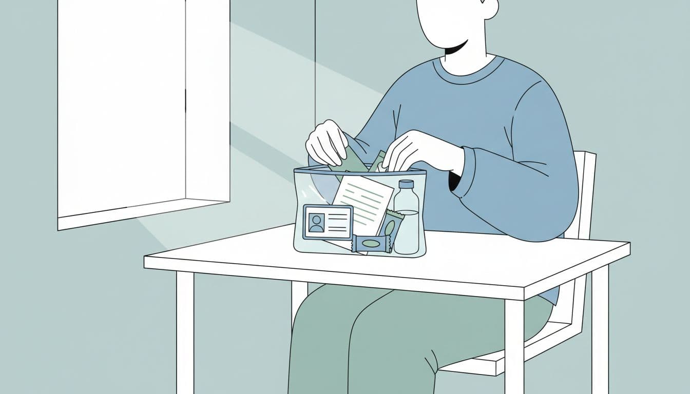 Person at home desk packs clear bag with photo ID, exam confirmation, water bottle, and snacks.
