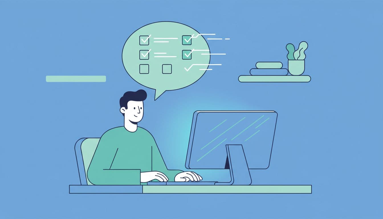 Person seated at exam computer with calm expression, eliminating wrong answers via checkmarks in thought bubble.