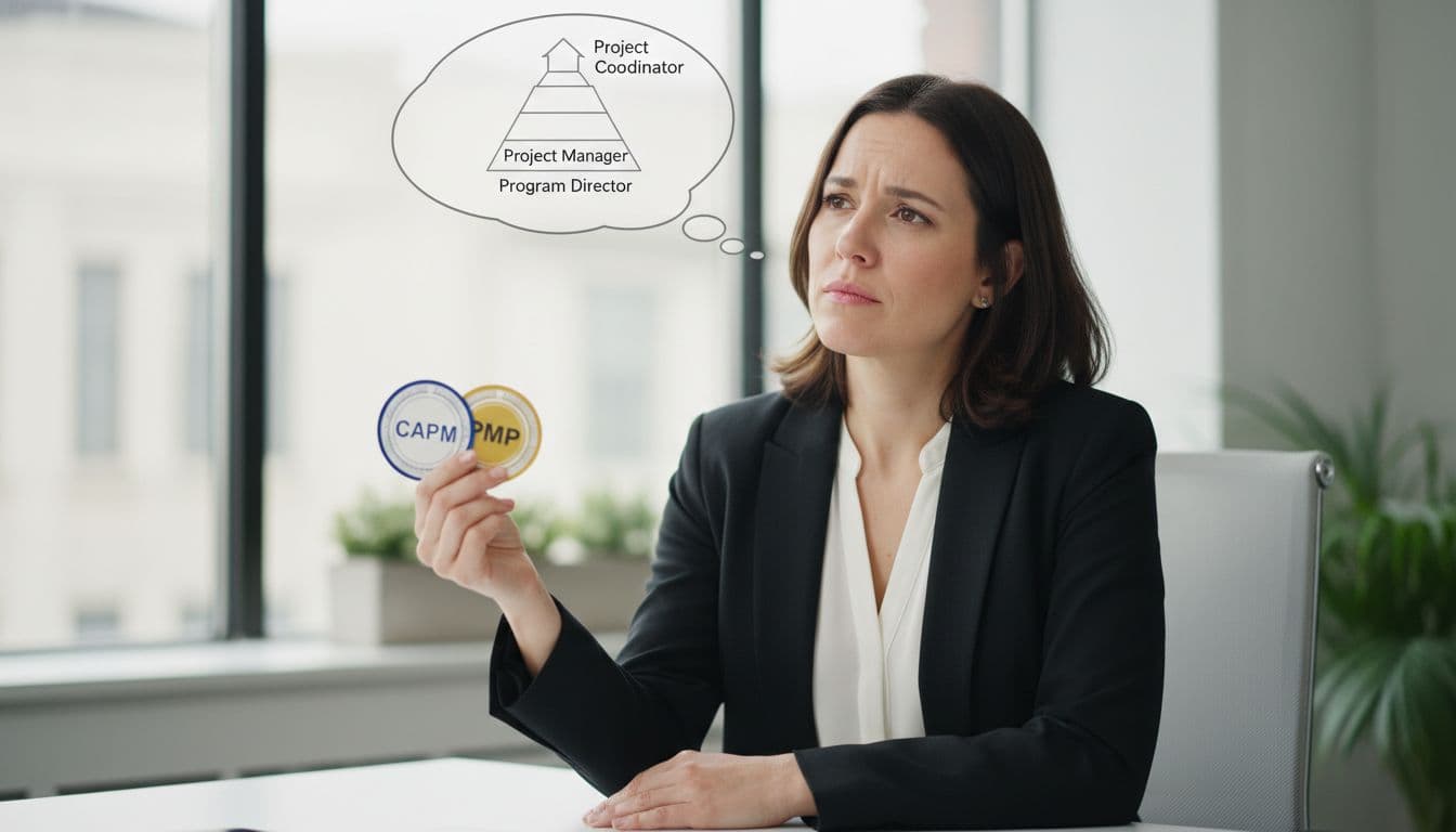 Project professional at office desk holds CAPM and PMP badges, thought bubble shows career ladder.