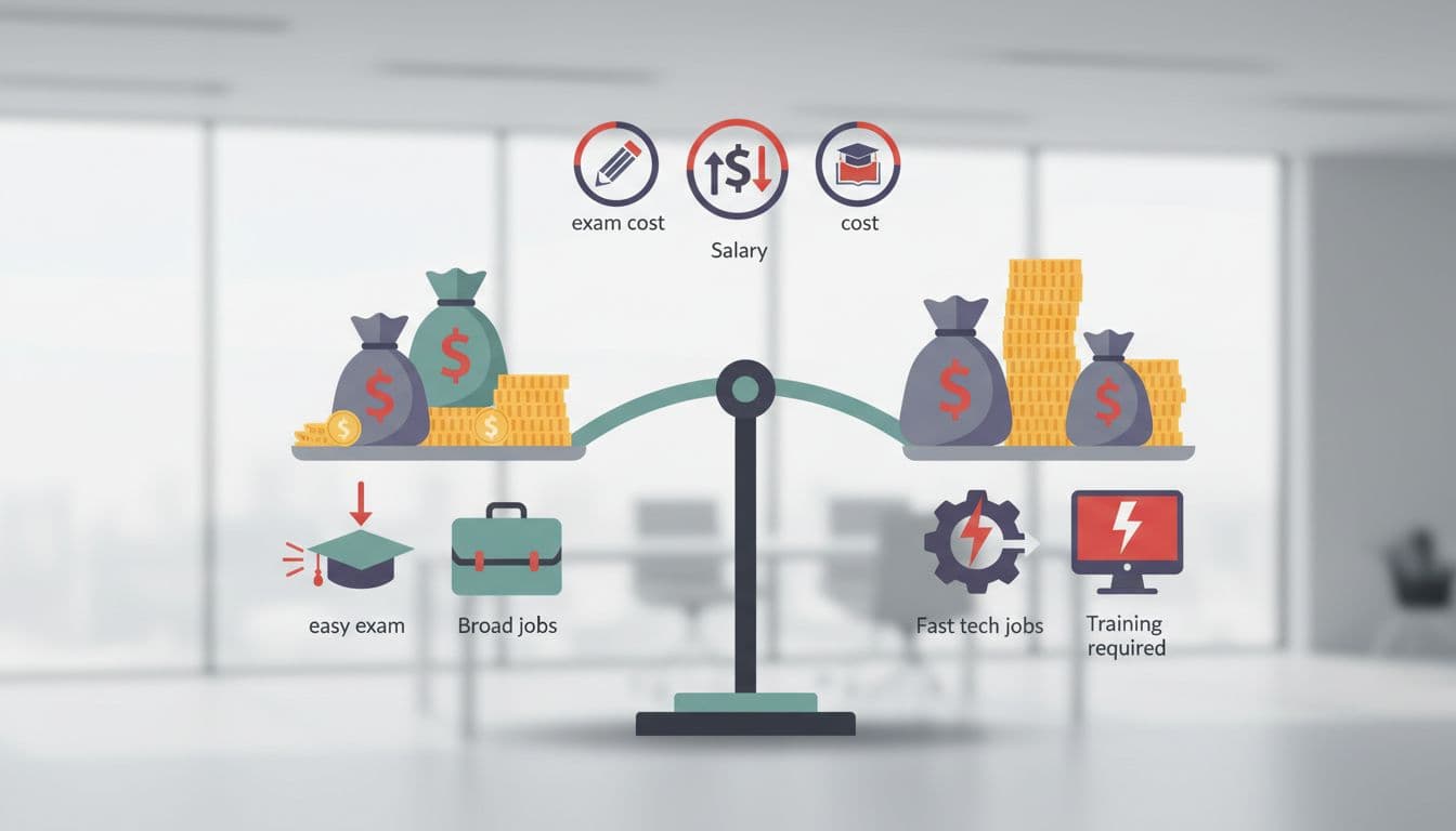Balanced scales with left pan holding lower coin bags and icons, right pan higher coin stack, red accents on coins and icons, subtle office background.