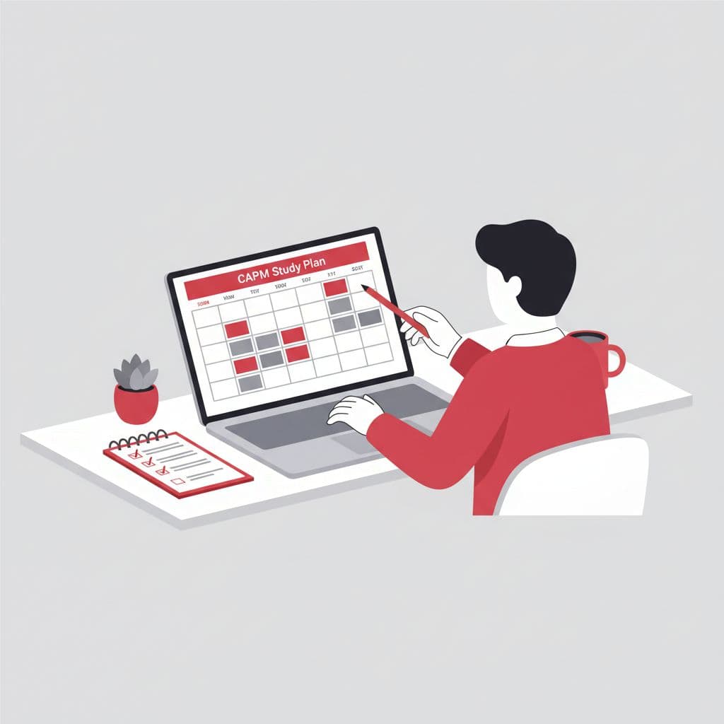 Person arranges study calendar on notepad at minimalist desk with laptop on soft gray background.