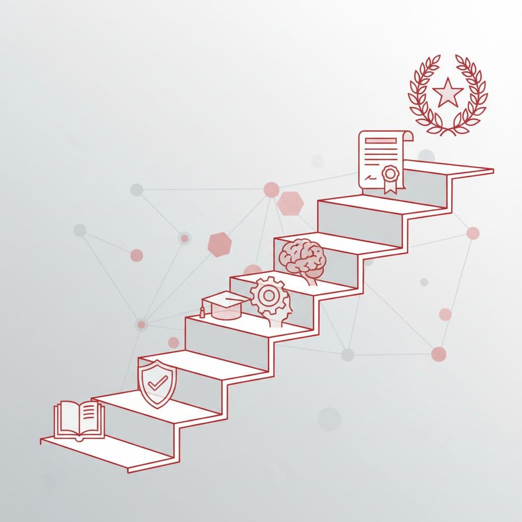 Ascending staircase with faint icons of books and certificates on each step.