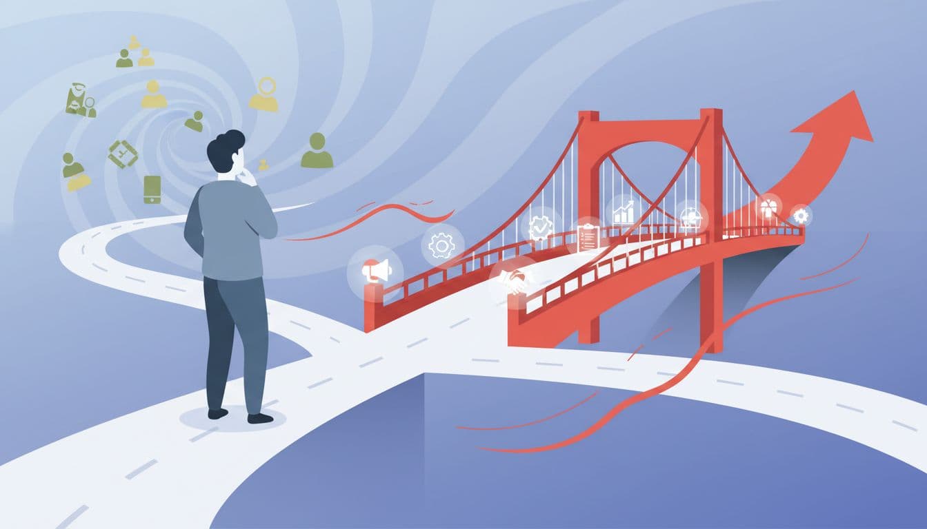 A person stands at a crossroads looking toward a bridge decorated with project management symbols.