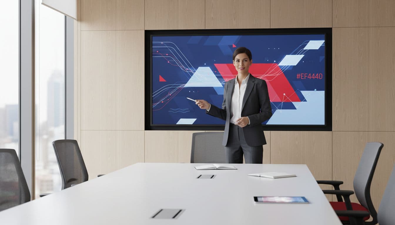 A confident professional stands prepared in a modern office meeting with subtle furniture and red accents.
