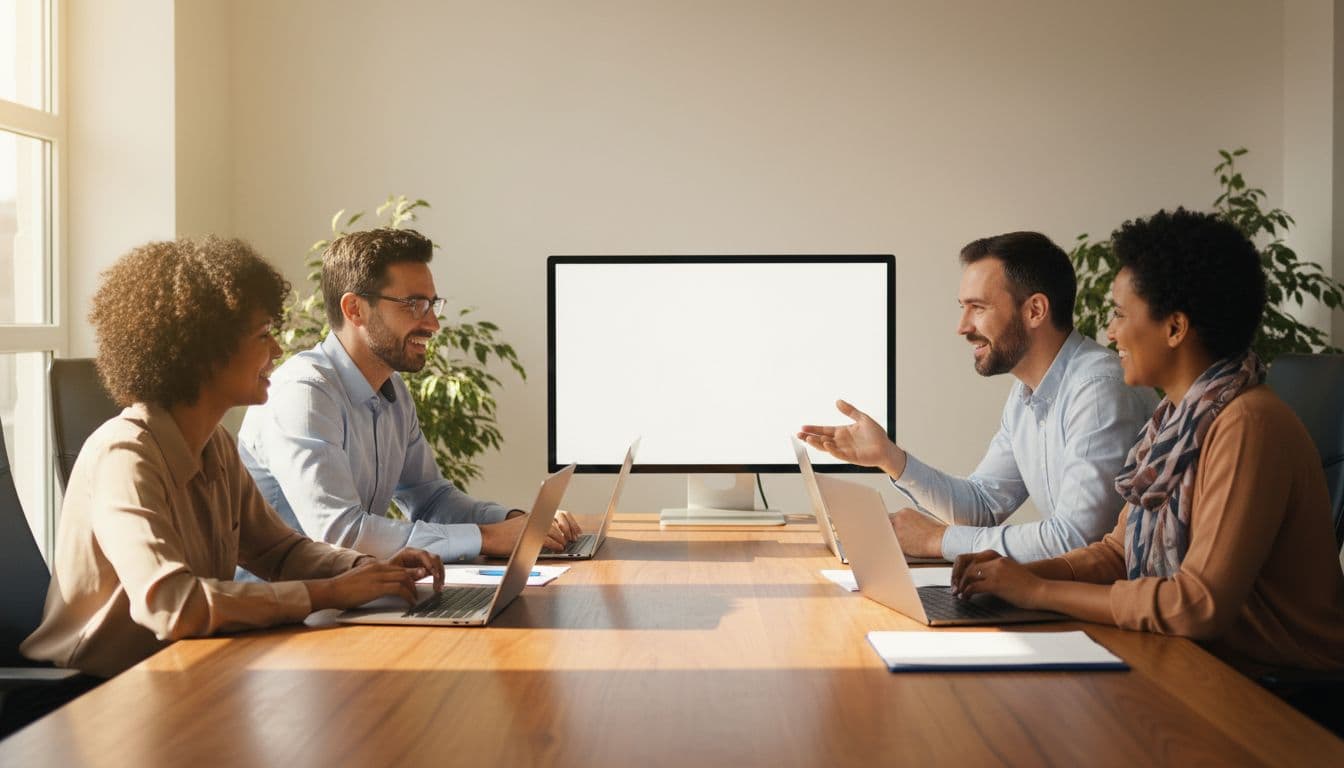 A diverse team of four project managers in a sunny conference room gathers around a wooden table with laptops open to a RAID log, engaged in discussion as one gestures to the screen under warm natural light.