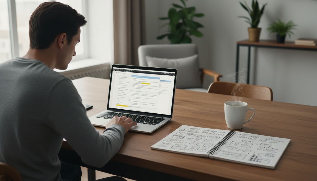 A dedicated project manager reviews risk management notes on a laptop and notebook at a wooden desk in a quiet home office, with coffee nearby and soft natural light.