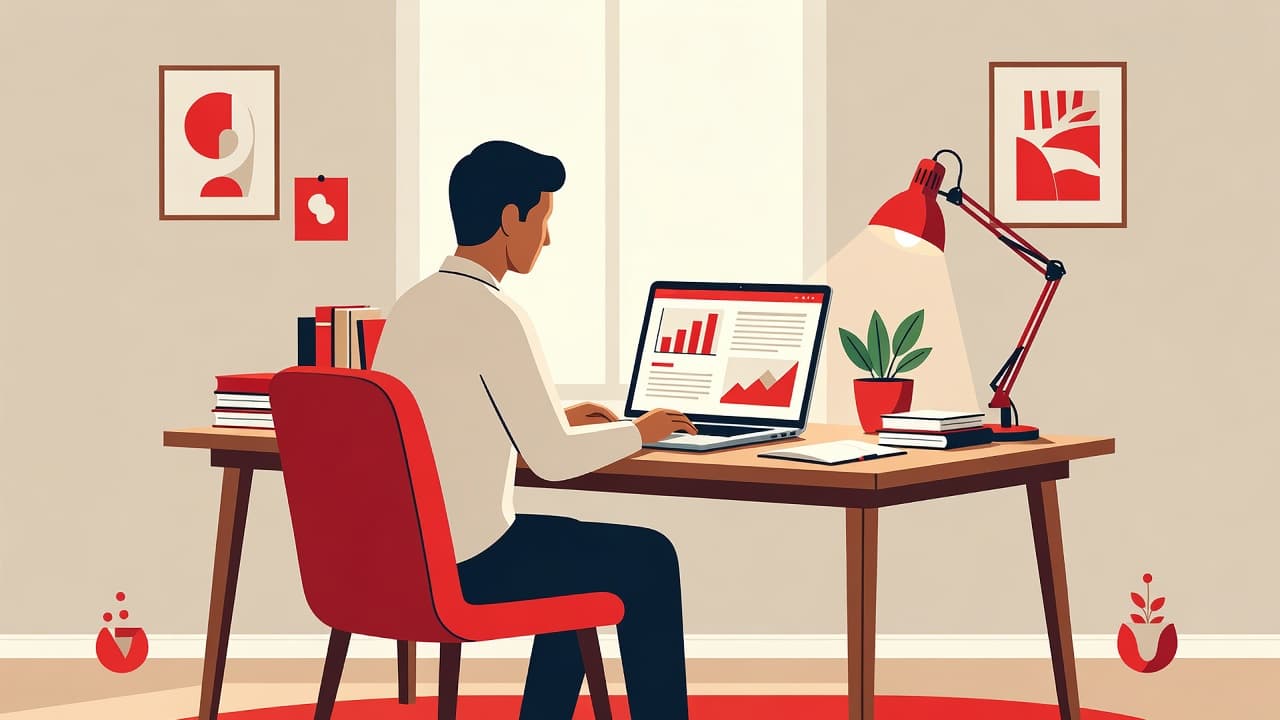 A person sits at a clean wooden desk using a laptop for deep study. The modern illustration features a prominent red accent color, soft lighting, and organized bookshelves in the background.