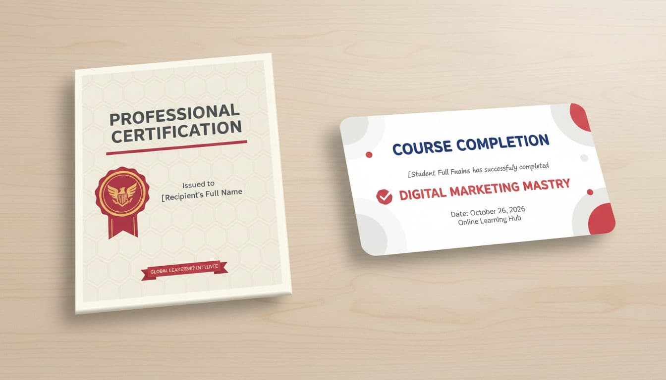 Side-by-side on desk: sleek formal certificate with seal and educational course completion document.