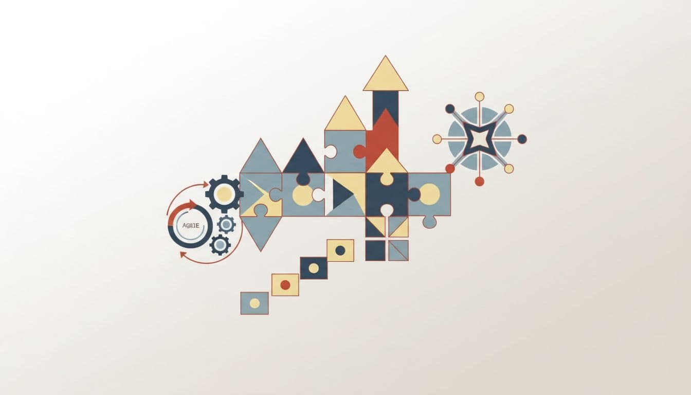 Various geometric puzzle pieces interlock to form a complete shape on a clean, neutral background.
