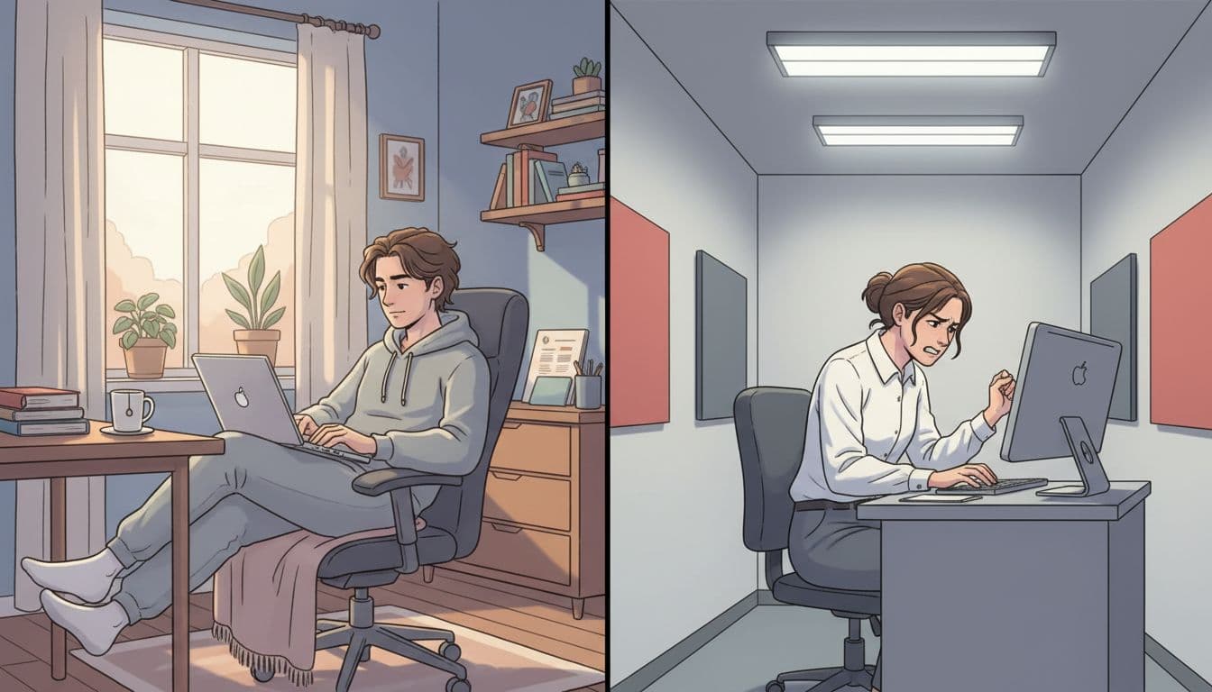 Split illustration depicts relaxed person on laptop in cozy home office next to tense figure in sterile exam room.