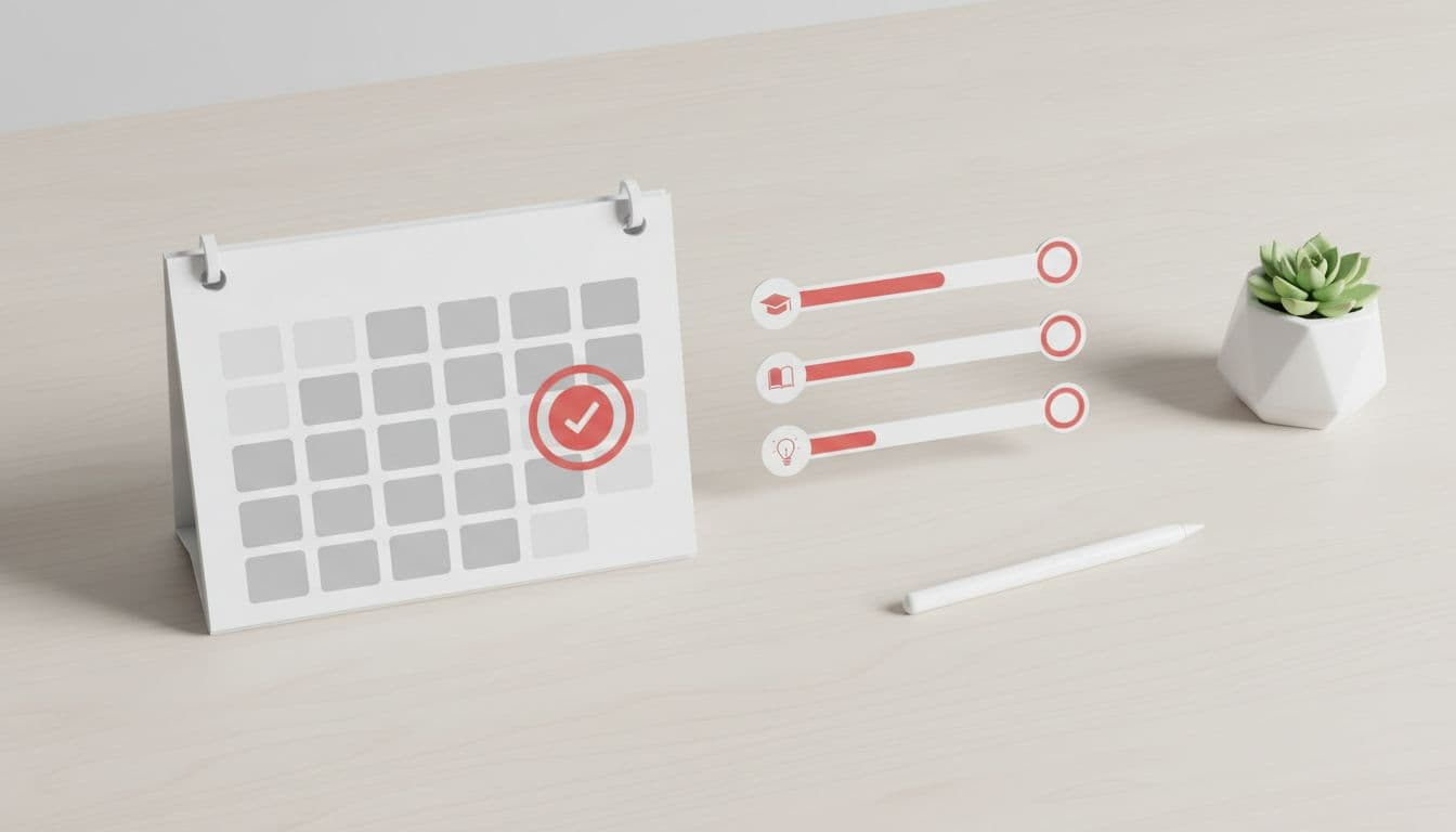 Clean desk with simple calendar and progress icons in organized minimalist style.