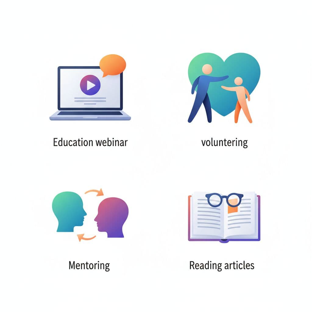 Infographic-style icons representing PDU categories such as education webinars, volunteering, mentoring, and reading articles, arranged in a simple chart on a clean background with realistic icons and bright professional lighting.