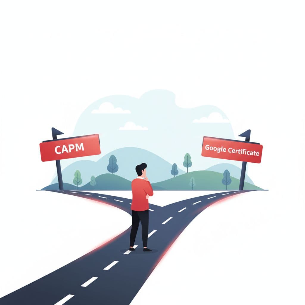 Person stands at road fork looking at signposts labeled CAPM and Google Certificate.