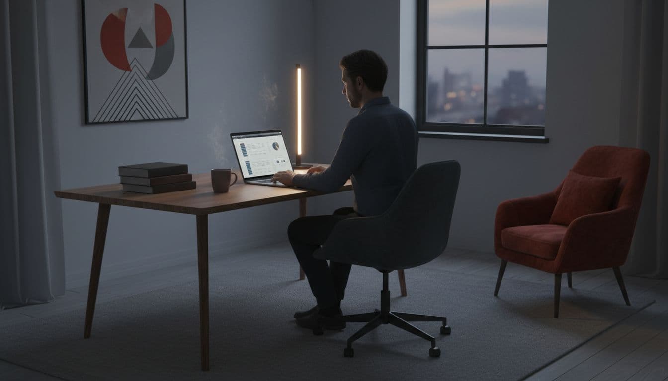 Person sits at desk with open laptop in minimalist room with soft lighting.