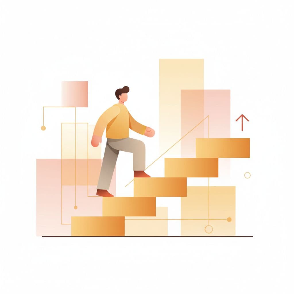 A minimalist illustration shows a person walking up ascending steps in a clean, professional workspace.