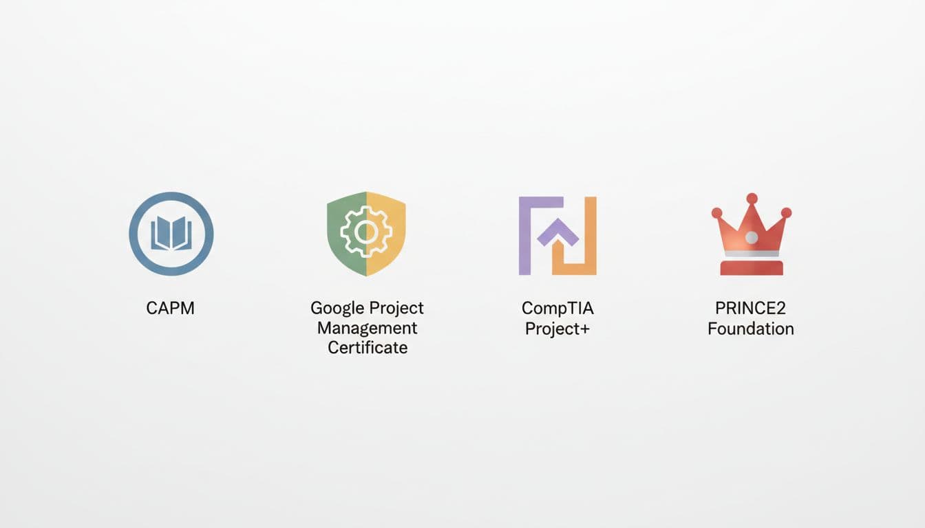 Four simple badge and book icons in chart layout on clean whiteboard background.