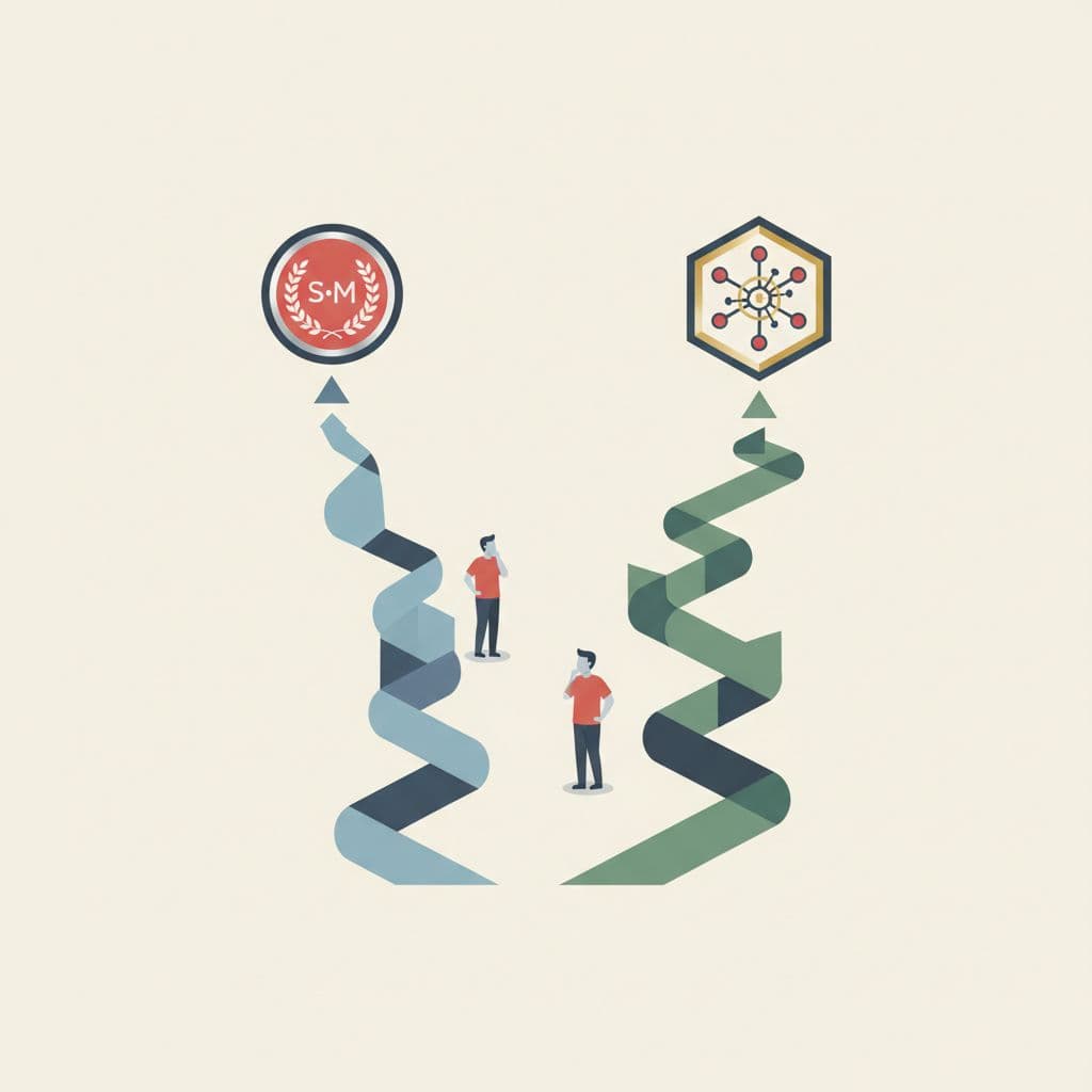 Two side-by-side paths lead to a Scrum Master badge and a broader project management credential, with one person visible.
