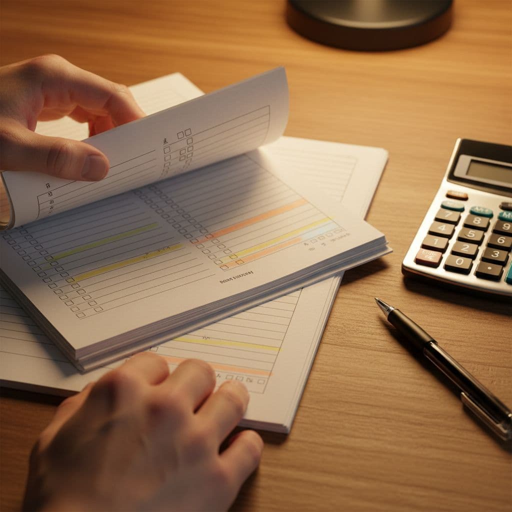 Close-up of hands flipping through printed PMI-RMP practice exam pages on a table, highlighter marks visible, calculator and pen beside, warm desk lamp lighting, photorealistic.