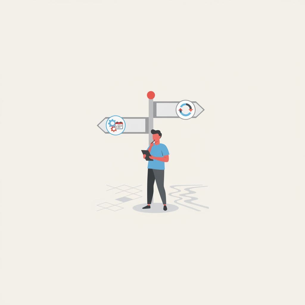 A project manager stands at a crossroads choosing between paths representing strategic planning and iterative execution.