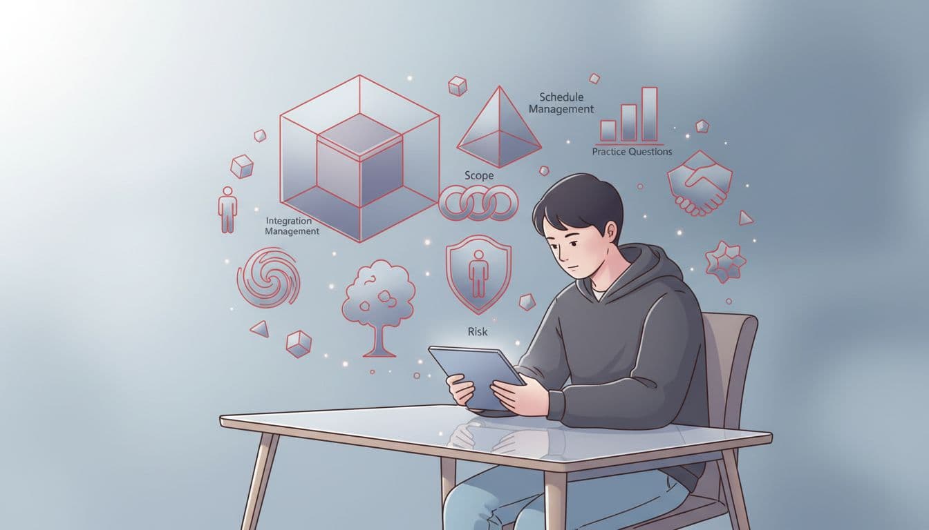 Person sits at desk viewing tablet surrounded by floating geometric shapes.