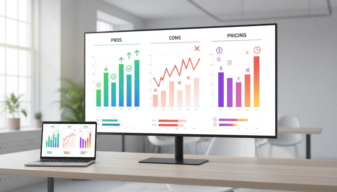Side-by-side infographic charts on a digital screen and laptop displaying pros, cons, pricing, hours, and mock exams for PMP courses in a modern office background with realistic style and bright lighting.