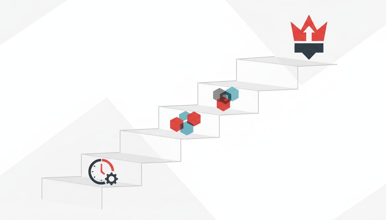 A minimalist illustration shows a rising staircase with abstract icons representing professional growth levels.