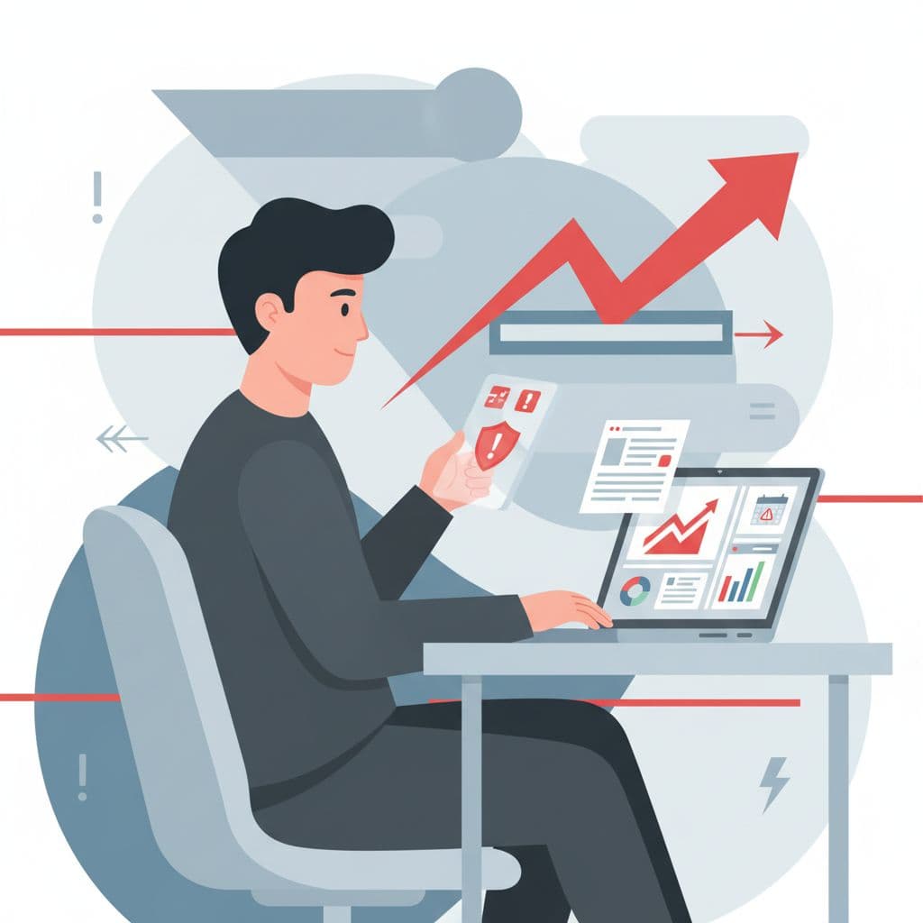 A professional sits at a desk analyzing project data on a laptop to identify potential threats.